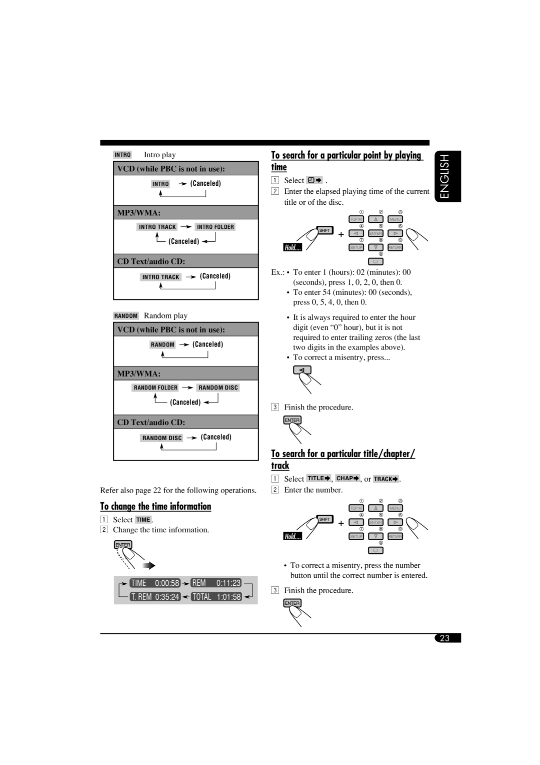 JVC KD-DV6108 manual To change the time information, Time, To search for a particular title/chapter/ track 