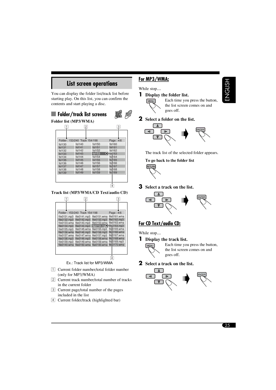 JVC KD-DV6108 manual Folder/track list screens, For MP3/WMA, For CD Text/audio CD 