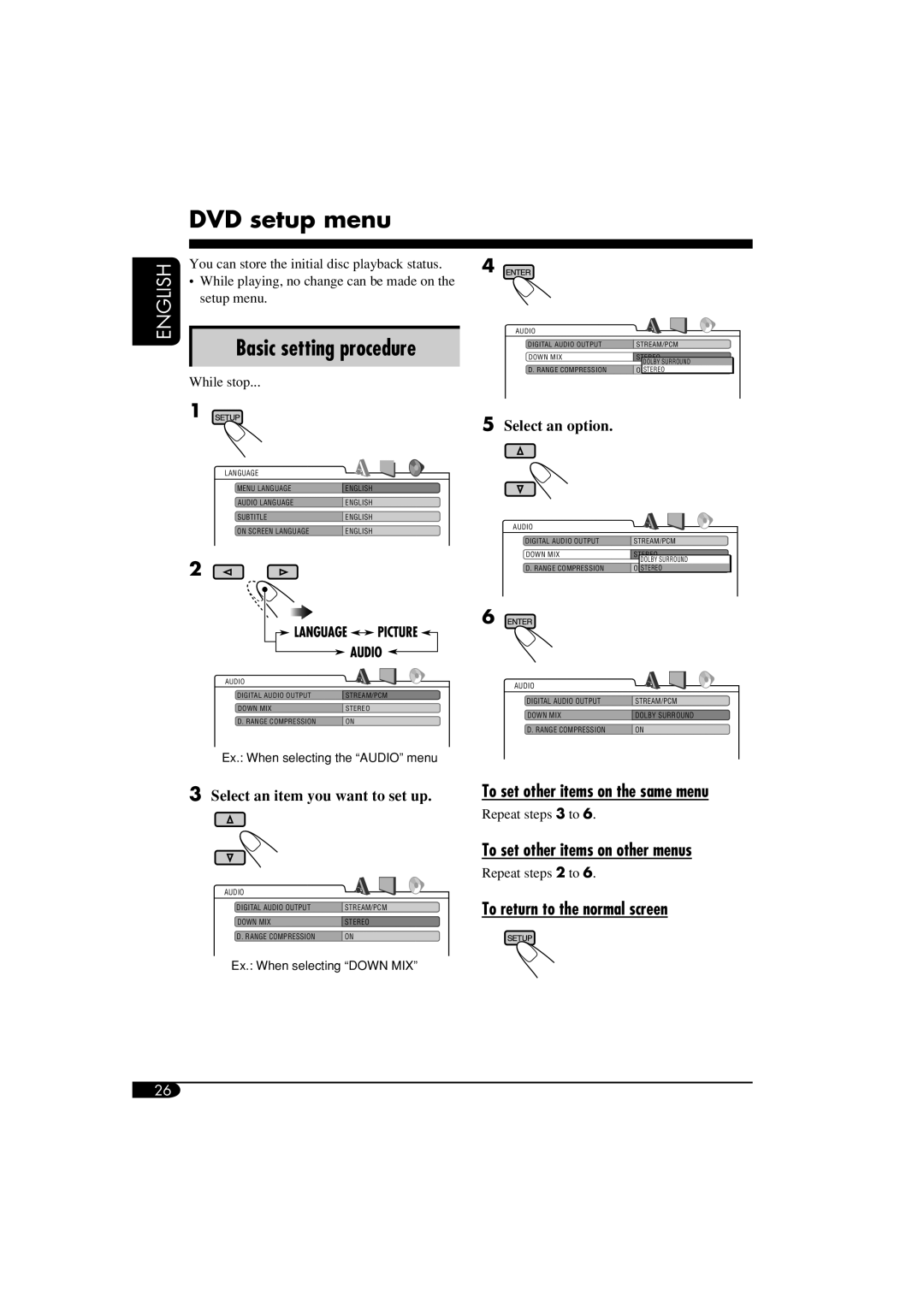 JVC KD-DV6108 manual DVD setup menu, To set other items on the same menu, To set other items on other menus 