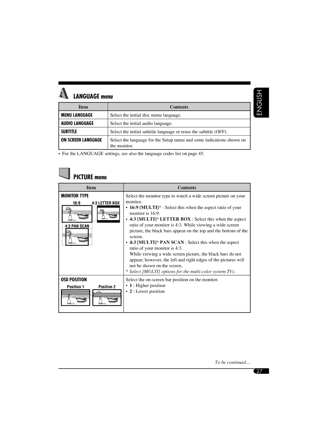 JVC KD-DV6108 manual Language menu, Picture menu, Contents 