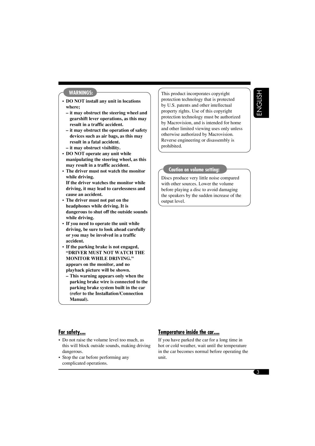 JVC KD-DV6108 manual For safety, Temperature inside the car 