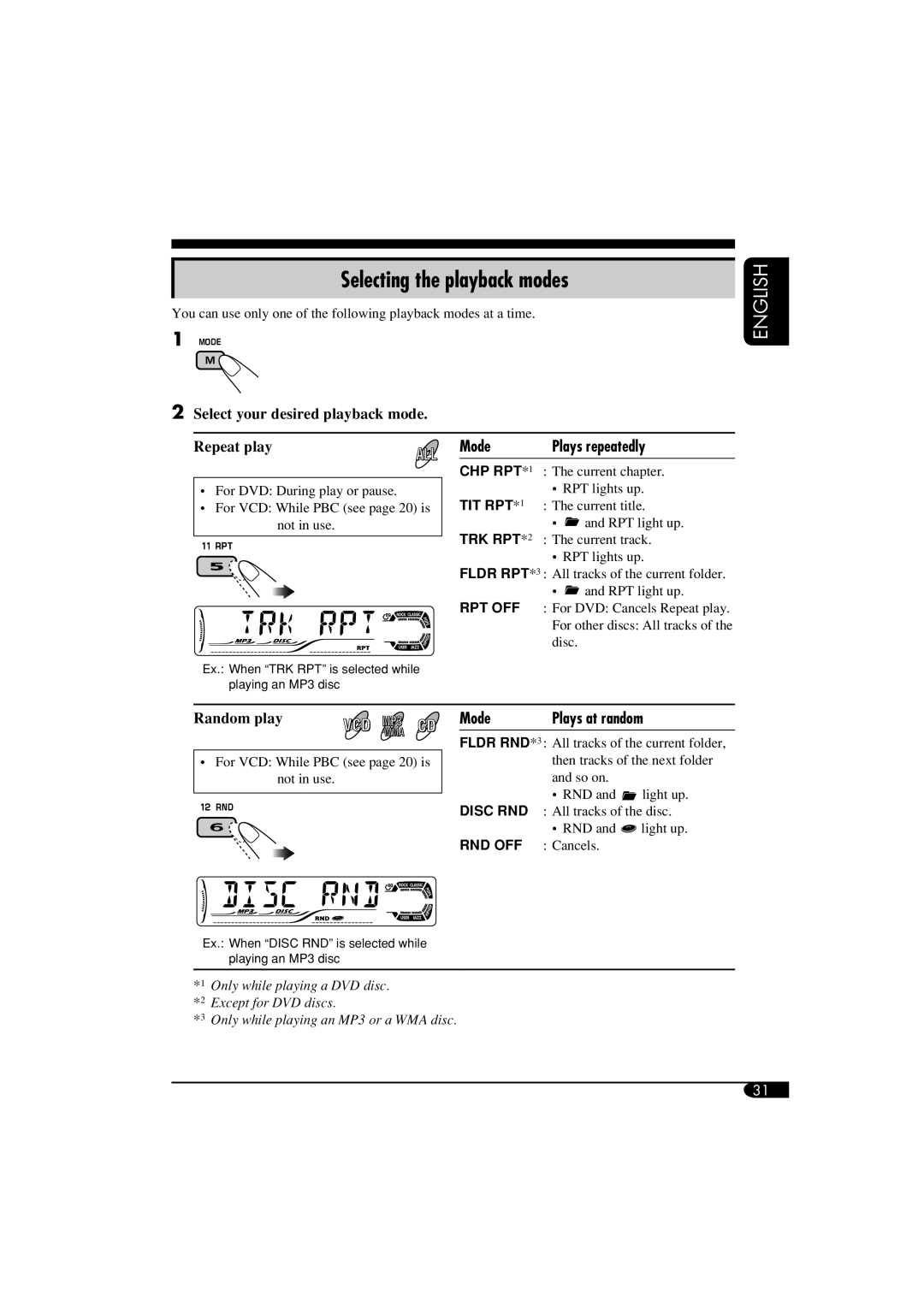 JVC KD-DV6108 manual Selecting the playback modes, Select your desired playback mode Repeat play, Mode, Random play 