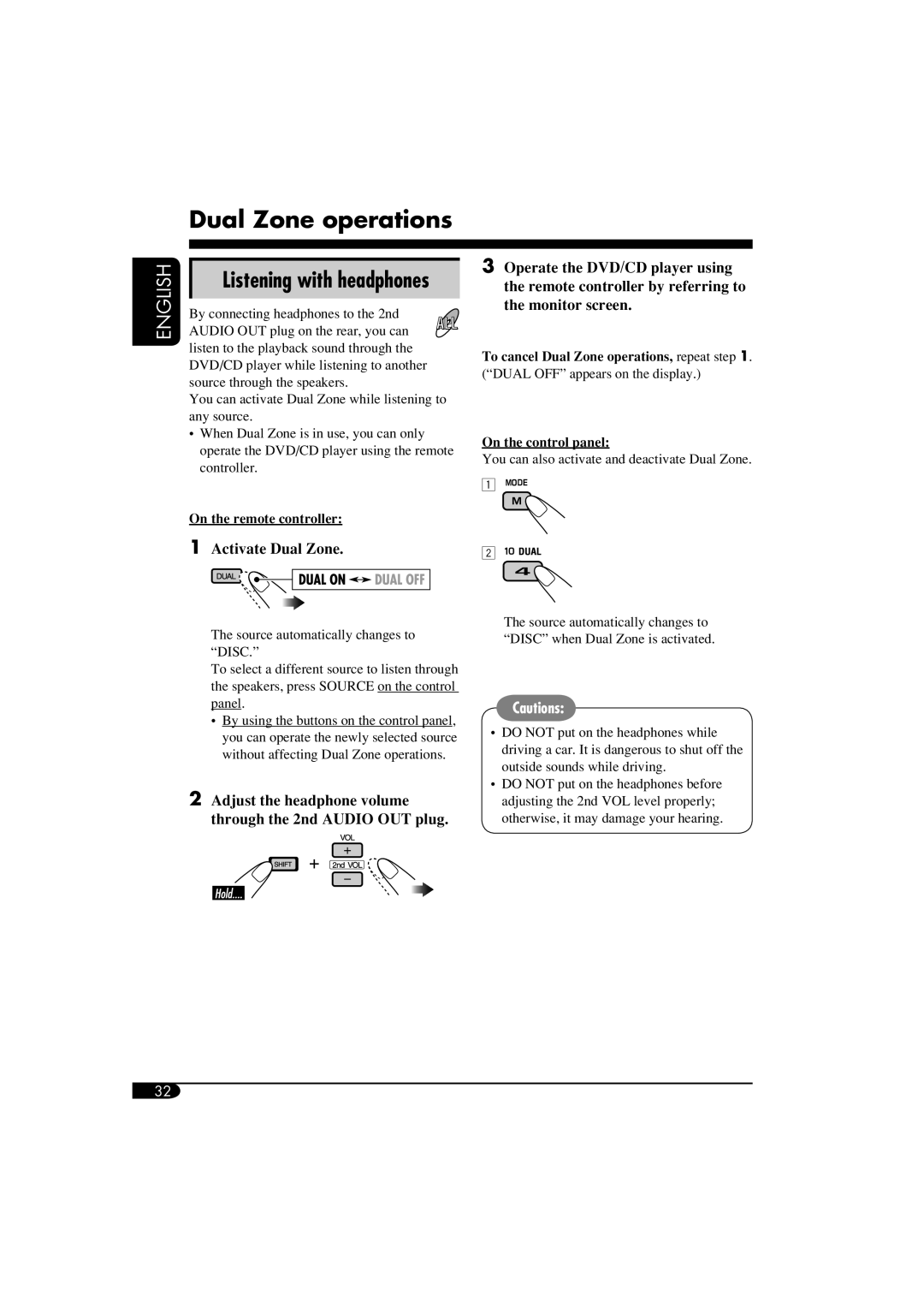 JVC KD-DV6108 manual Dual Zone operations, Activate Dual Zone, On the remote controller 