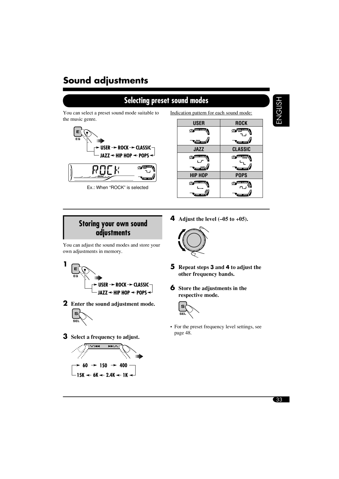 JVC KD-DV6108 manual Sound adjustments, Adjustments, Adjust the level -05 to +05 