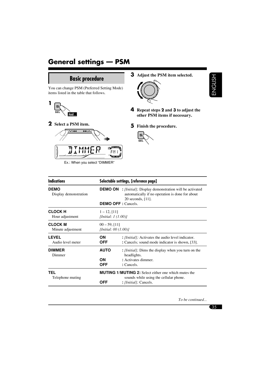 JVC KD-DV6108 manual General settings PSM, Basic procedure 