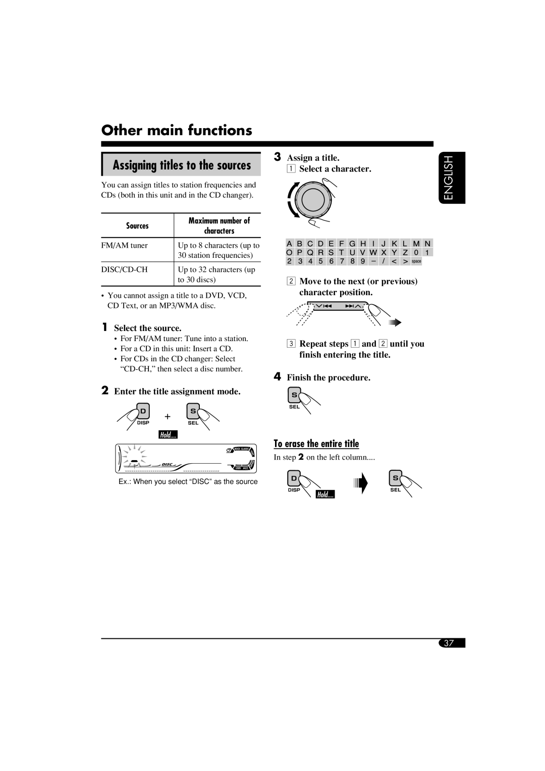 JVC KD-DV6108 manual Other main functions, Assigning titles to the sources, To erase the entire title, Select the source 