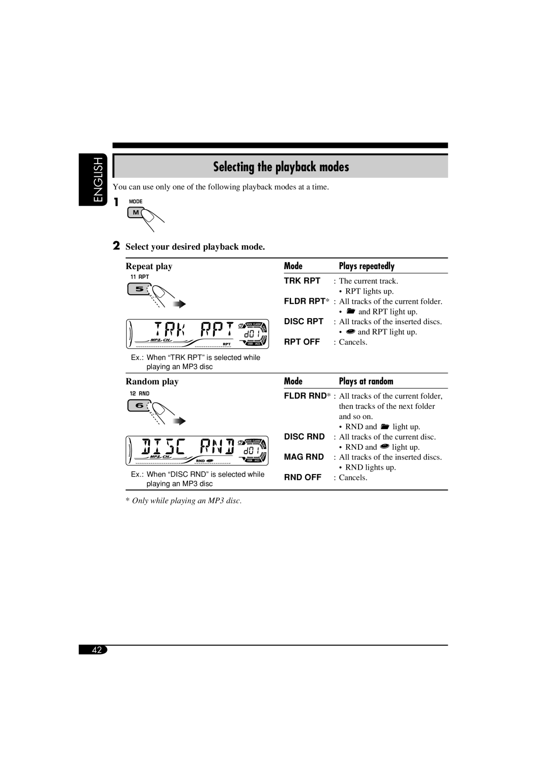 JVC KD-DV6108 manual Selecting the playback modes, Mode Plays repeatedly 