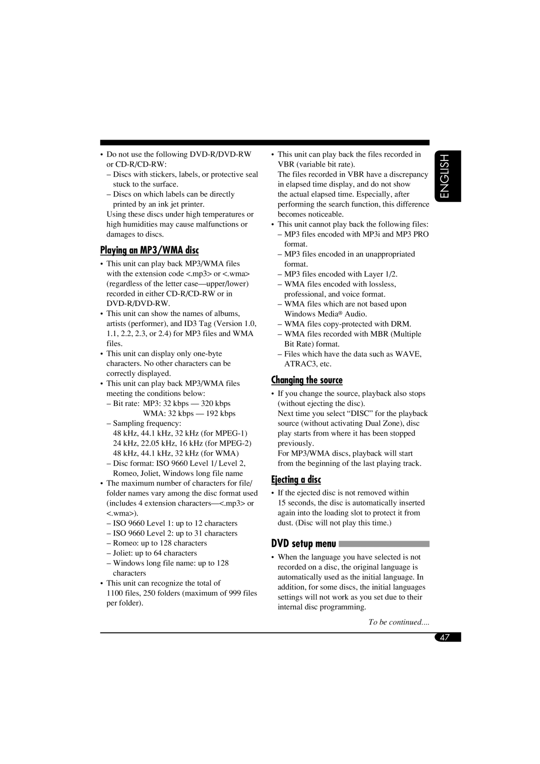 JVC KD-DV6108 manual Playing an MP3/WMA disc, Changing the source, Ejecting a disc, DVD setup menu 