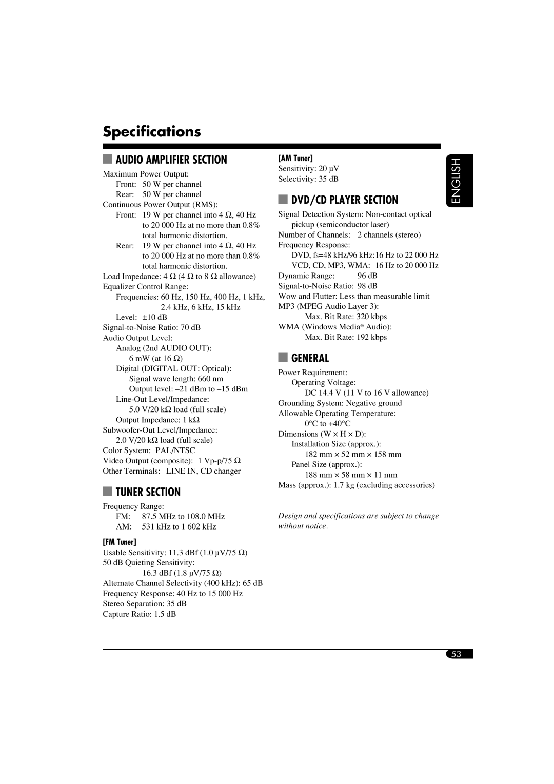 JVC KD-DV6108 manual Specifications, FM Tuner, AM Tuner 