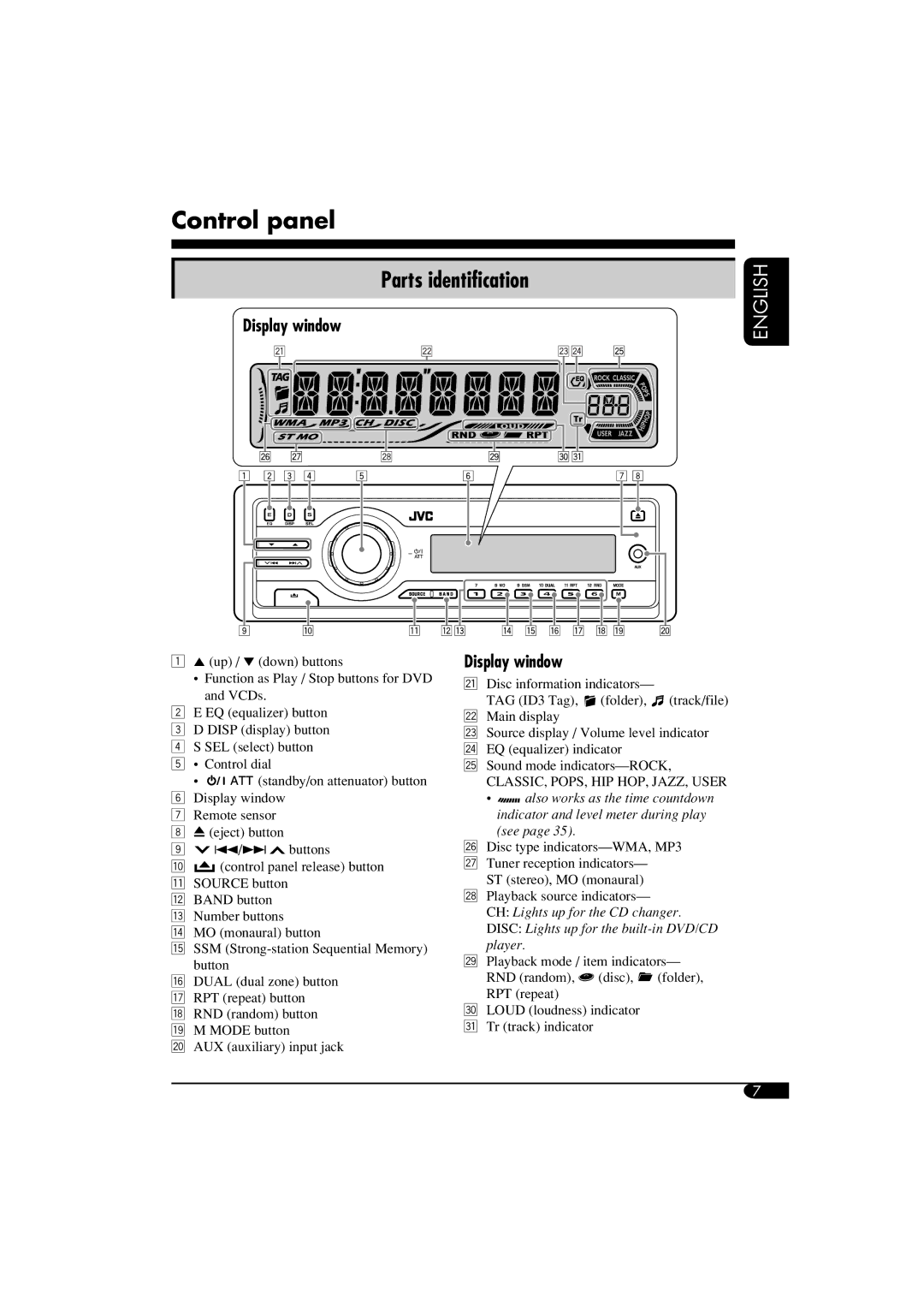 JVC KD-DV6108 manual Control panel, Parts identification, Display window 