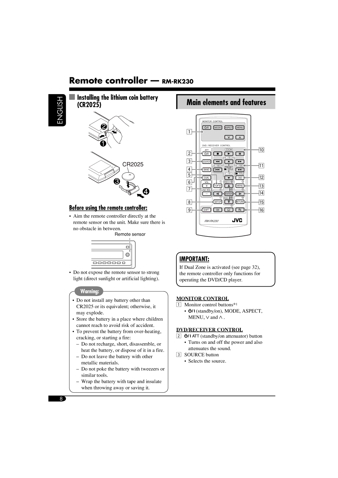 JVC KD-DV6108 Remote controller RM-RK230, Installing the lithium coin battery CR2025, Before using the remote controller 