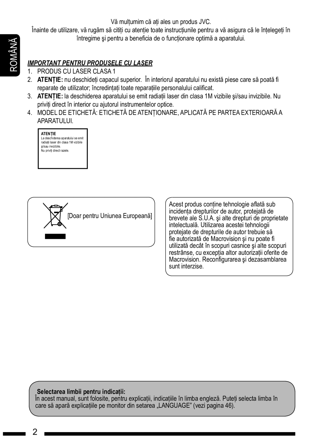 JVC KD-DV7302, KD-DV7301 manual Produs CU Laser Clasa, Selectarea limbii pentru indicaii 