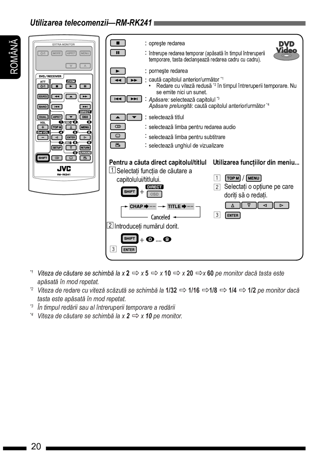 JVC KD-DV7302, KD-DV7301 manual Utilizarea telecomenzii-RM-RK241, Select chapter/title search. capitolului/titlului 