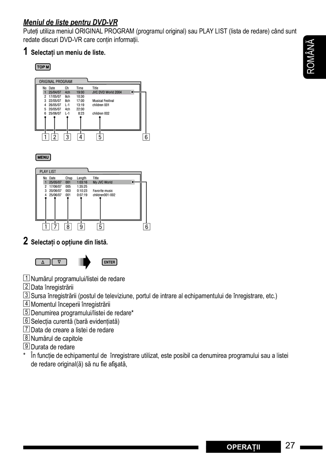 JVC KD-DV7301 22Selectaiano opiuneitem fromdinthelist$list, Meniul de liste pentru DVD-VR, Selectai un meniu de liste 