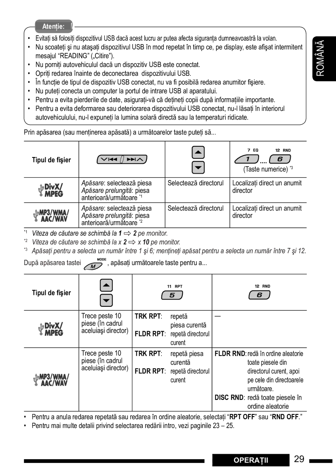 JVC KD-DV7301, KD-DV7302 manual Stop play back before disconnecting a USB device, Tipul de %#ier, Trk Rpt, Fldr RPT 