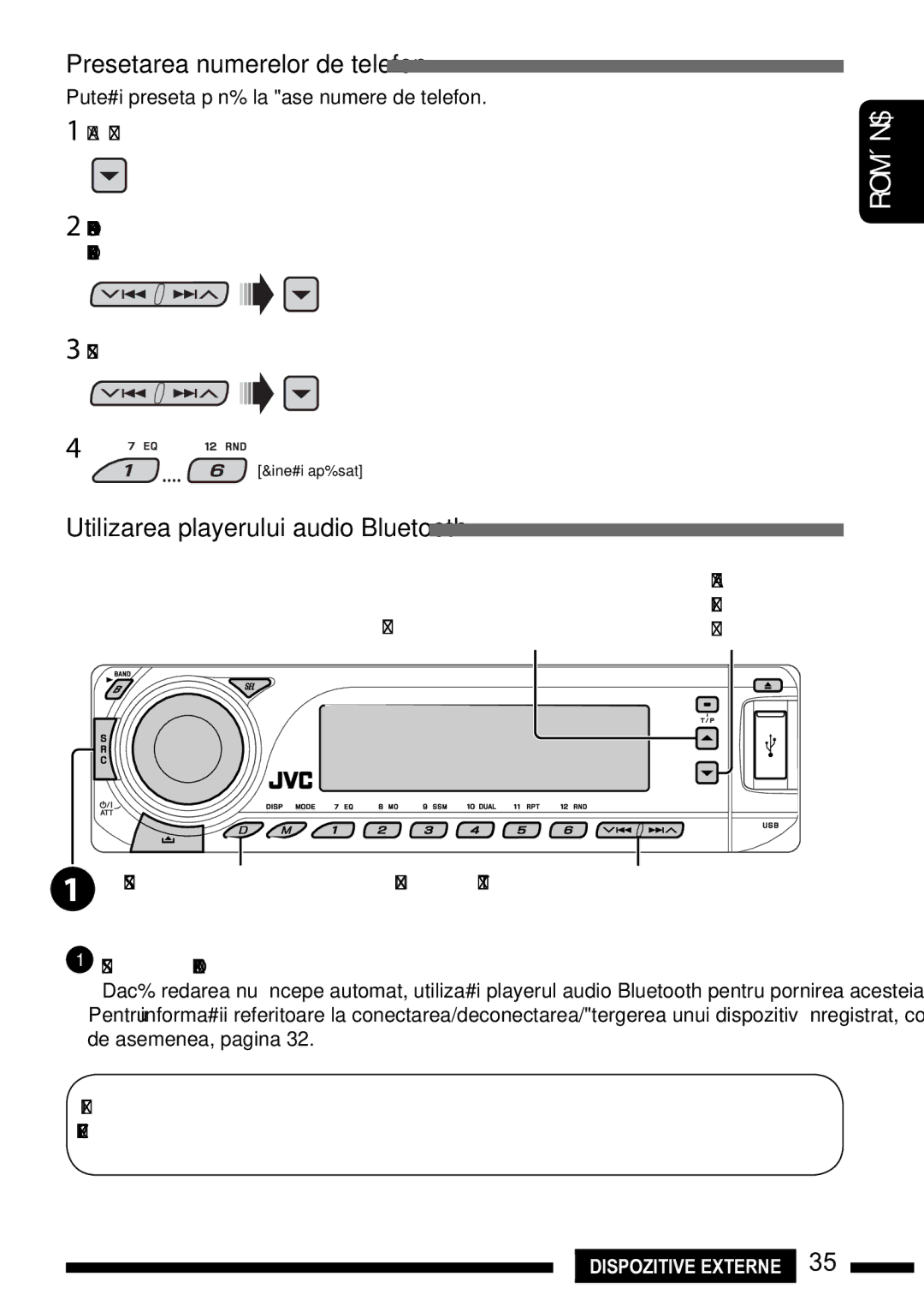 JVC KD-DV7301, KD-DV7302 manual Presetarea numerelor de telefon, Utilizarea playerului audio Bluetooth, Selectai BT-AUDIO 