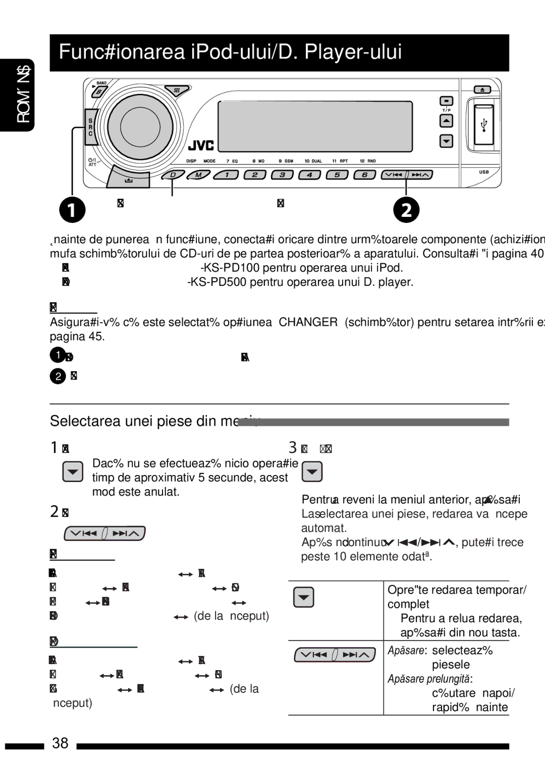 JVC KD-DV7302, KD-DV7301 manual Func#ionarea iPod-ului/D. Player-ului, Selectarea unei piese din meniu 