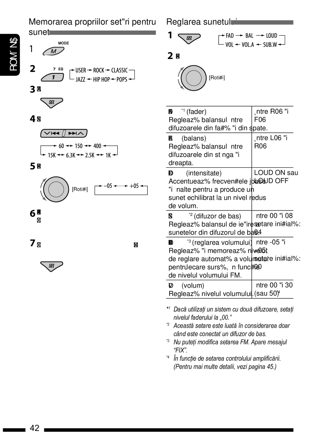 JVC KD-DV7302 manual Memorarea propriilor setri pentru sunet, Frequency bands, Reglarea sunetului, Adjustnivelulthe level 