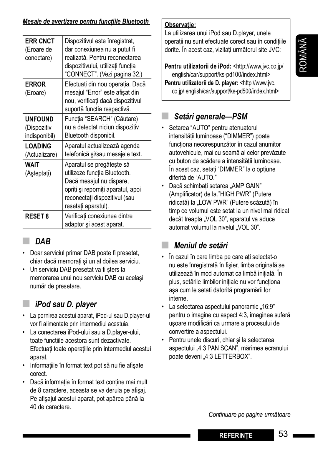 JVC KD-DV7301, KD-DV7302 manual Setri generale-PSM, IPod sau D. player, Meniul de setri 