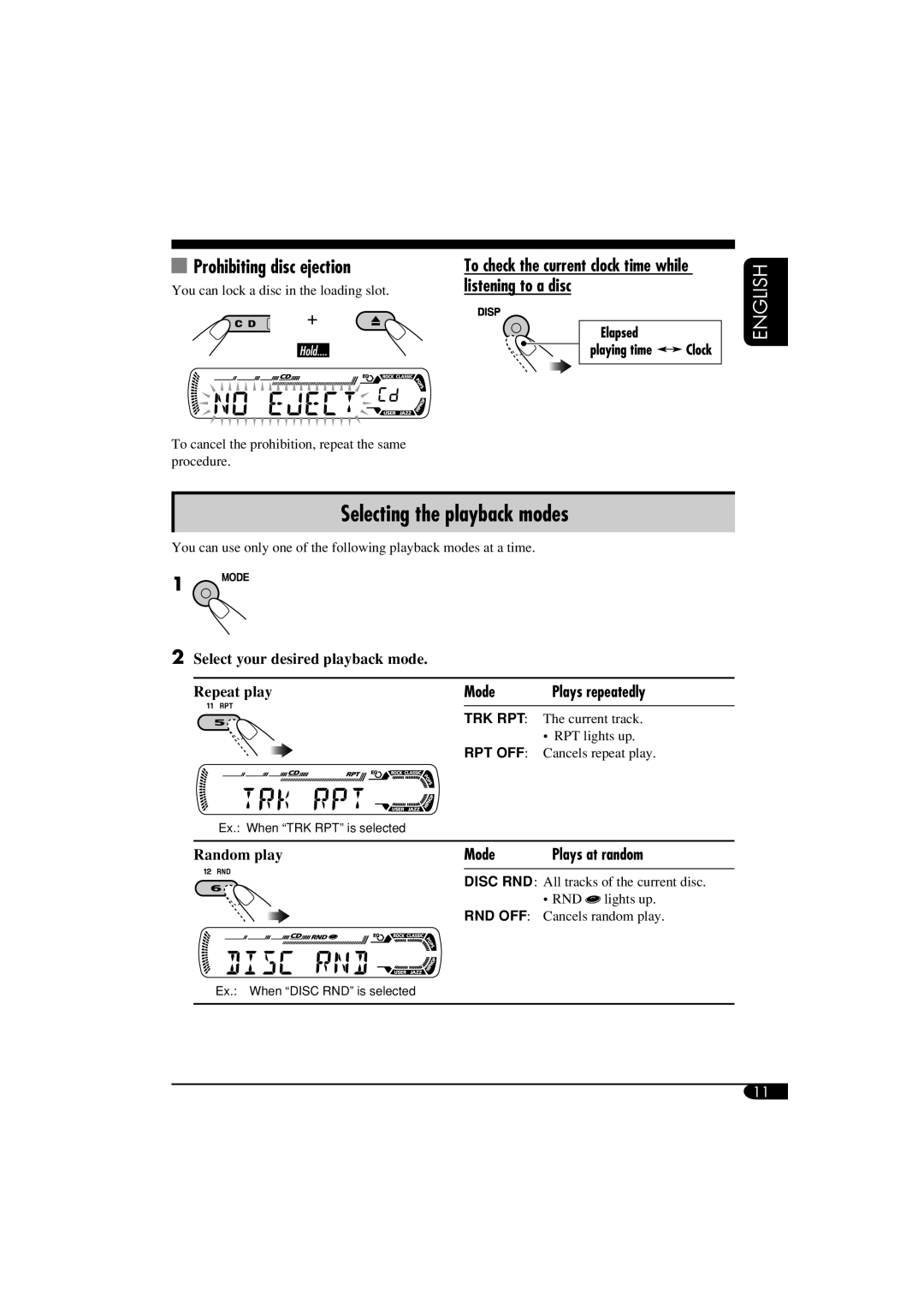 JVC KD-G116, KD-G115 manual To check the current clock time while listening to a disc, Mode 