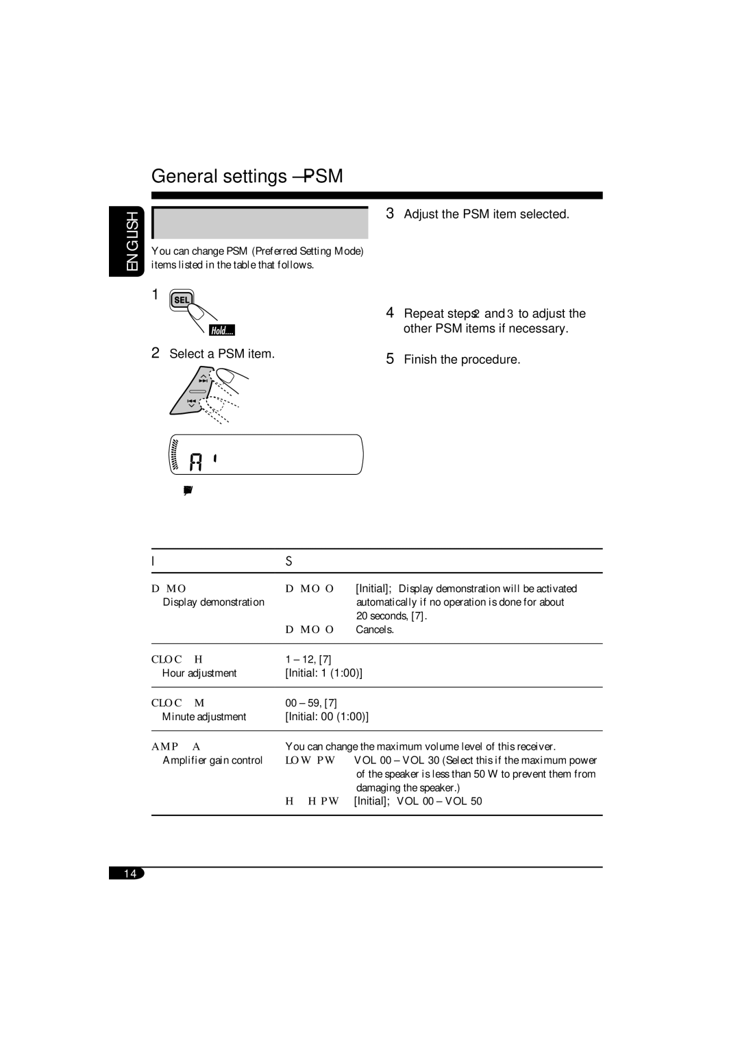 JVC KD-G115, KD-G116 manual General settings PSM, Basic procedure 