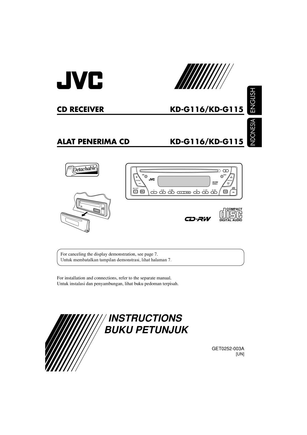 JVC KD-G116, KD-G115 manual Instructions Buku Petunjuk 