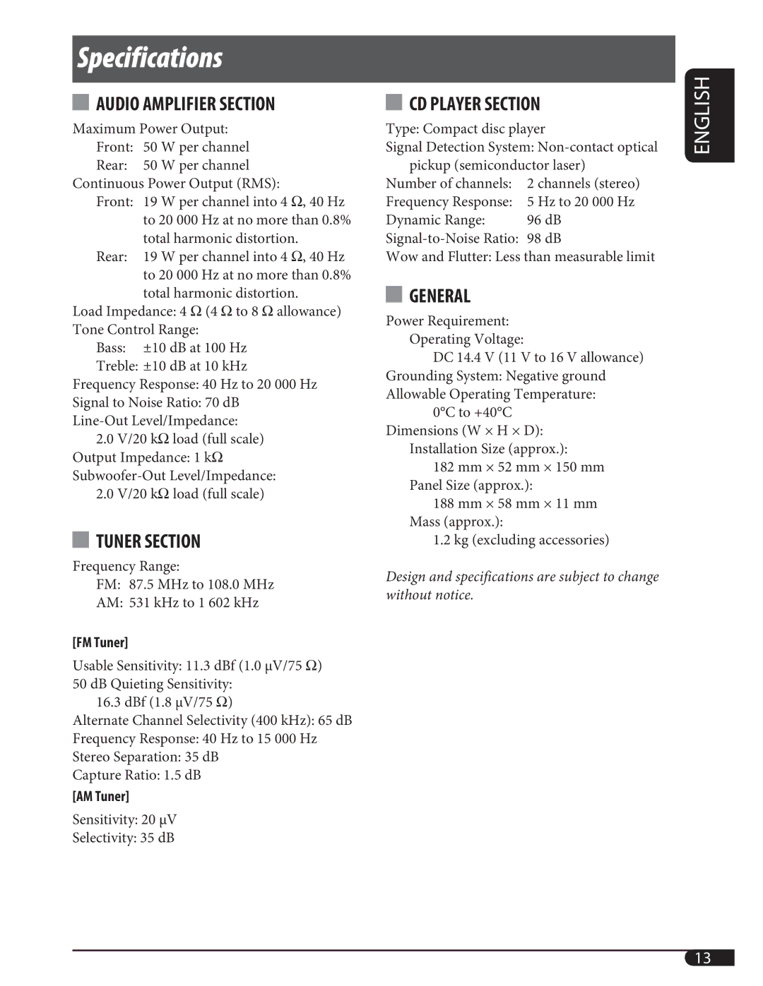 JVC KD-G126, KD-G125 manual Specifications, Audio Amplifier Section 