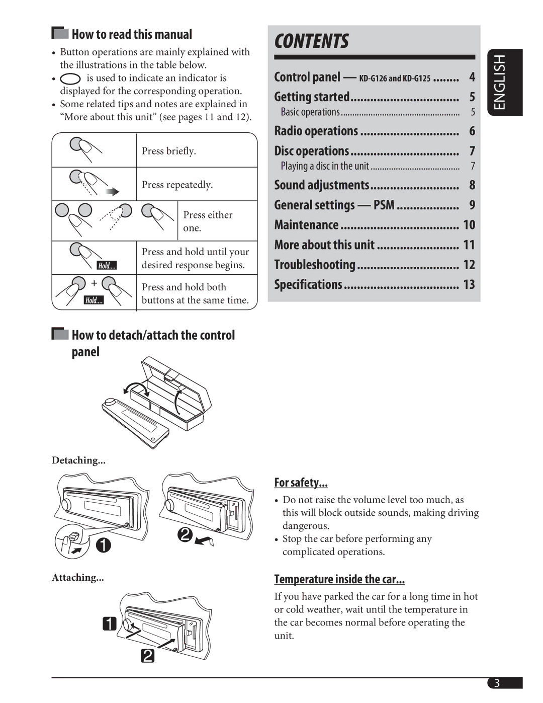 JVC KD-G126, KD-G125 manual Contents 