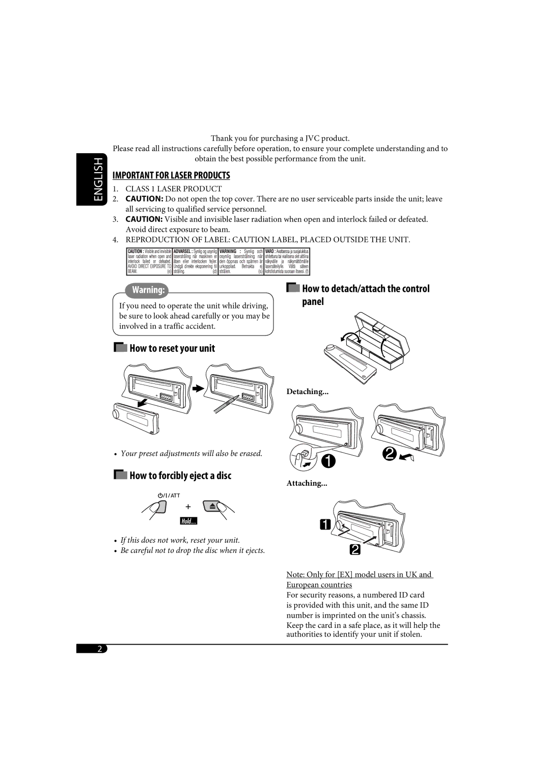 JVC KD-G161, kd-g162 manual English, How to forcibly eject a disc 