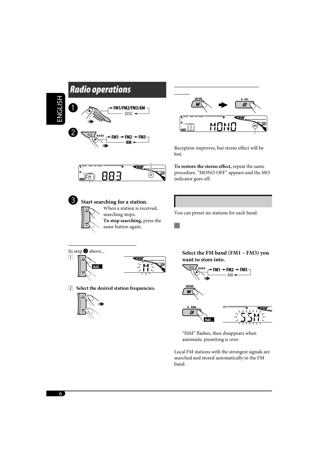 JVC KD-G161, kd-g162 Radio operations, Storing stations in memory, To tune in to a station manually 