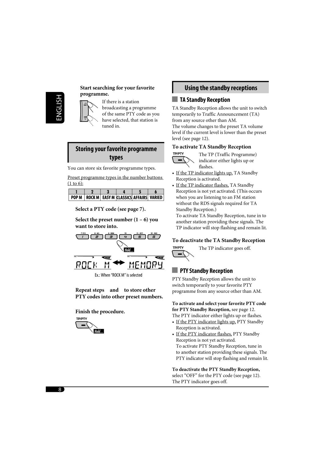 JVC KD-G161, kd-g162 manual Types, Using the standby receptions, TA Standby Reception, PTY Standby Reception 