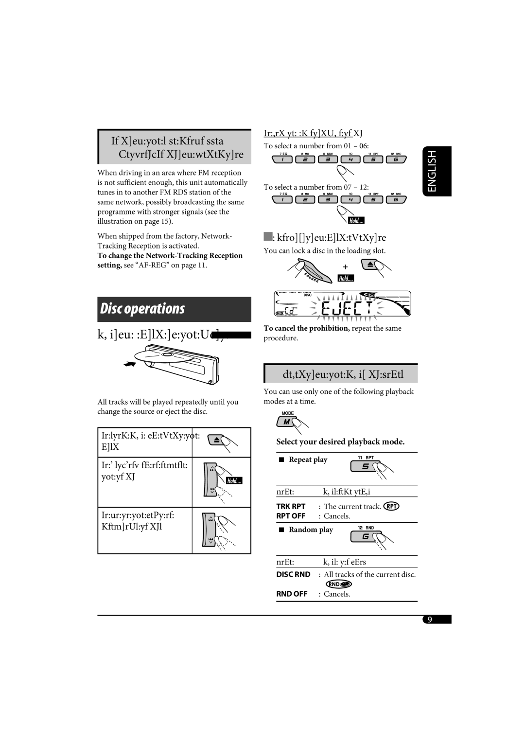 JVC kd-g162, KD-G161 Disc operations, Selecting the playback modes, Network-Tracking Reception, Prohibiting disc ejection 