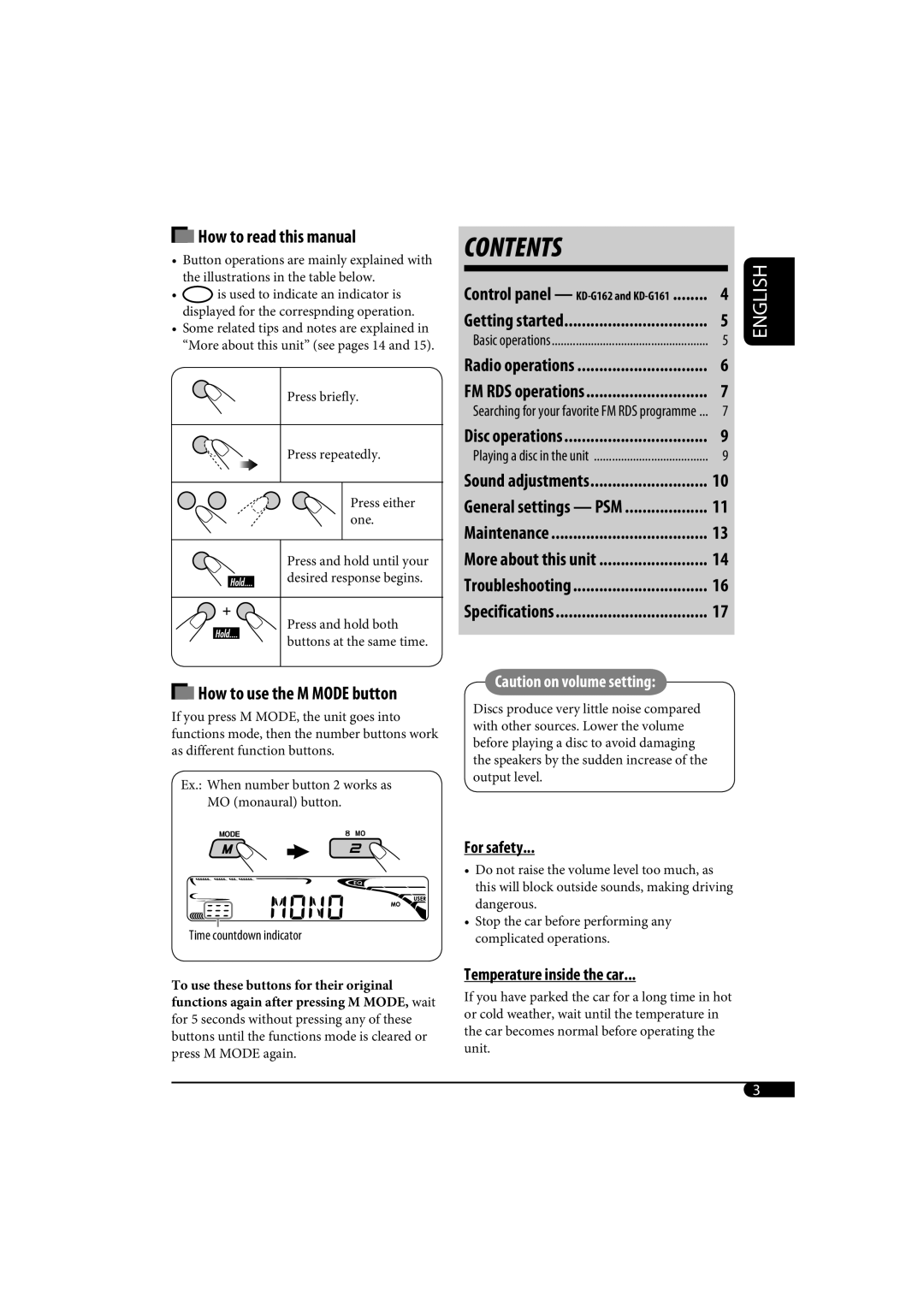 JVC kd-g162 How to read this manual, How to use the M MODE button, For safety, Temperature inside the car, Contents 