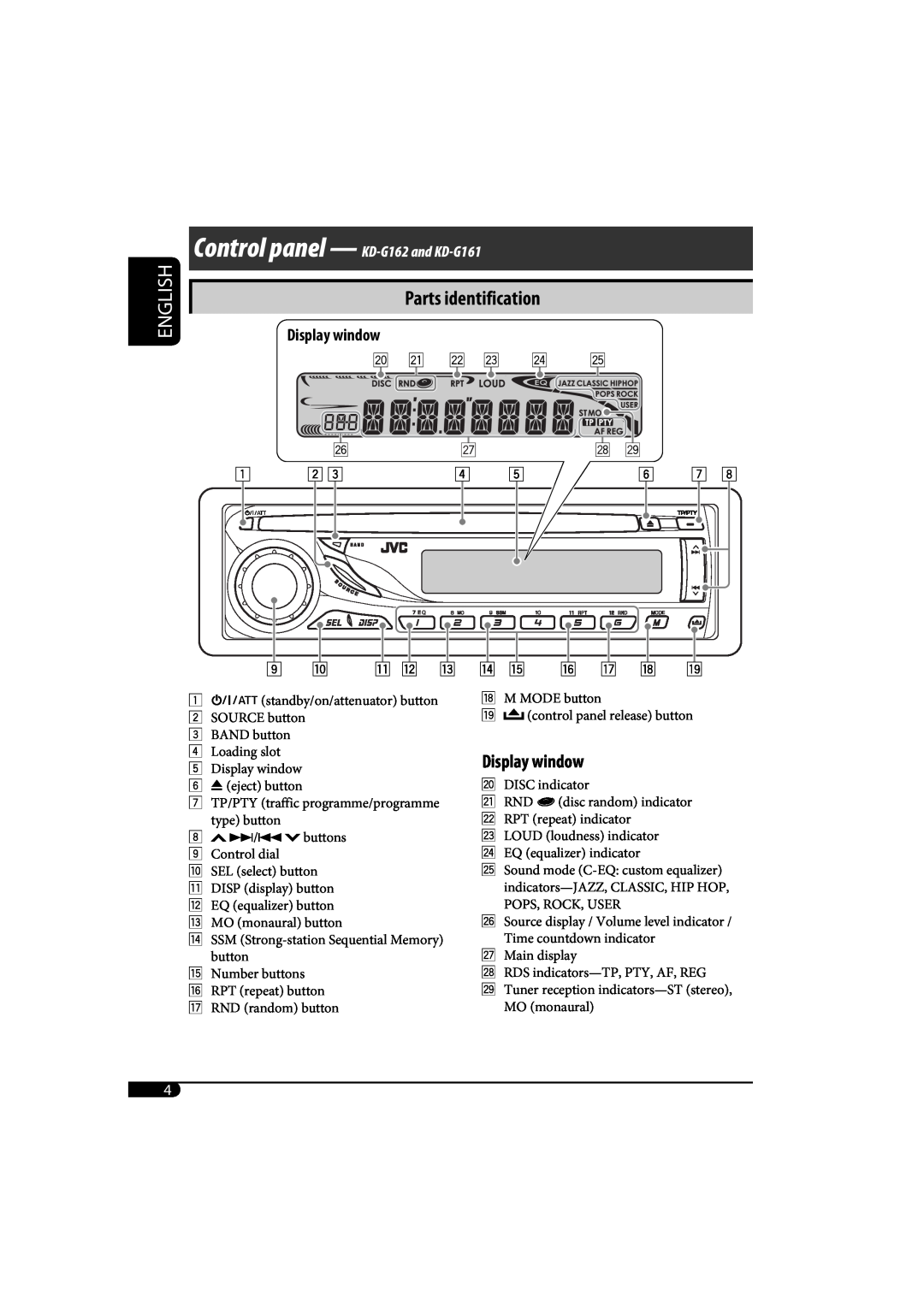 JVC KD-G161, kd-g162 manual Parts identification, Display window, English 