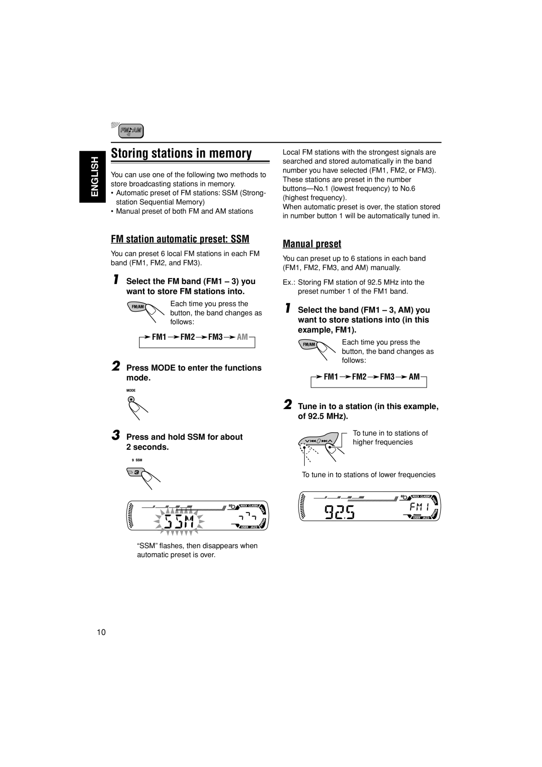 JVC KD-G202, KD-G201 manual Storing stations in memory, FM station automatic preset SSM, Manual preset 