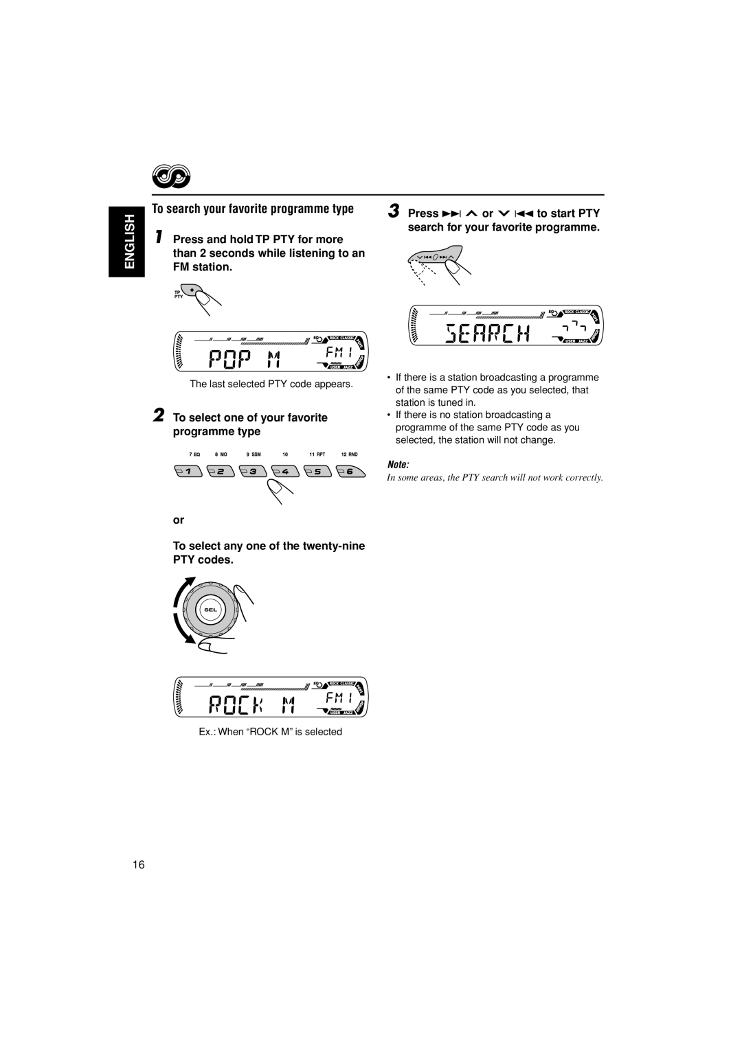 JVC KD-G202 To search your favorite programme type, Press and hold TP PTY for more, Than 2 seconds while listening to an 