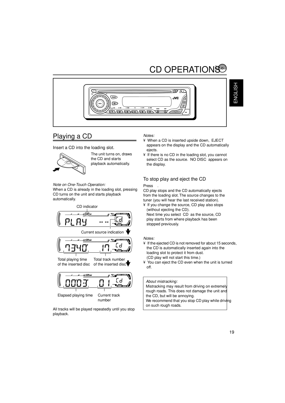 JVC KD-G201, KD-G202 manual CD Operations, Playing a CD, To stop play and eject the CD, Insert a CD into the loading slot 