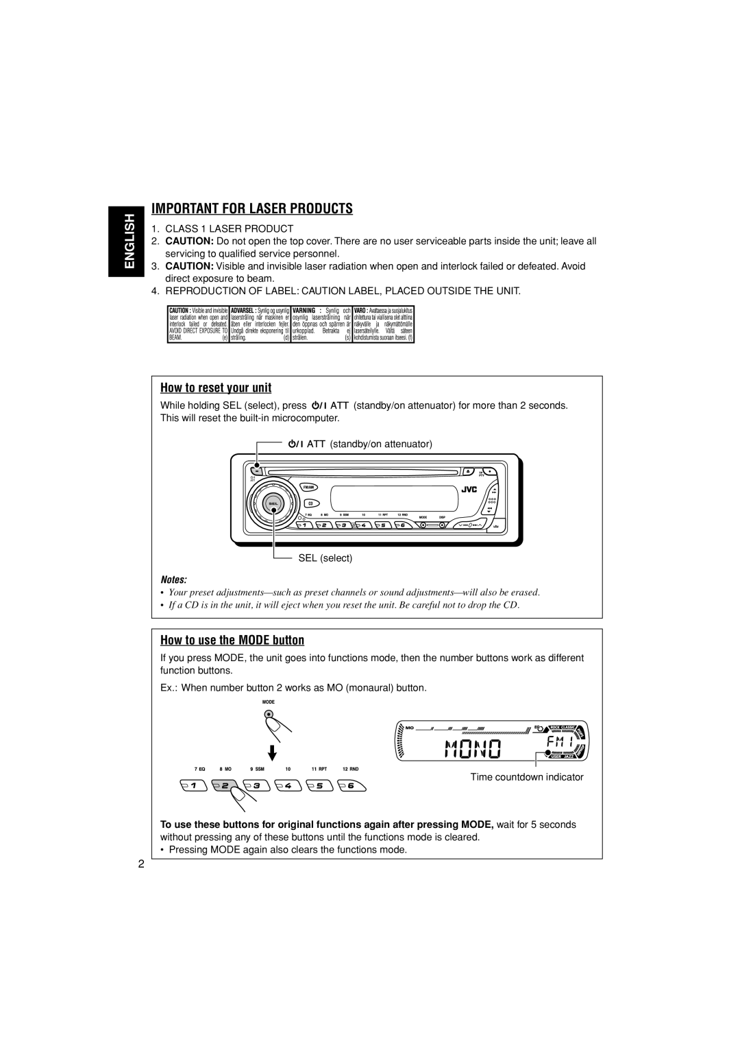 JVC KD-G202, KD-G201 manual How to reset your unit, How to use the Mode button 