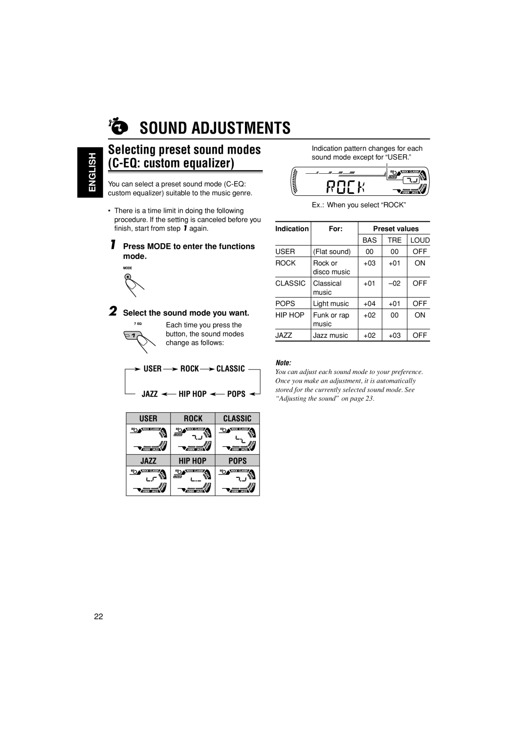 JVC KD-G202, KD-G201 manual Sound Adjustments, EQ custom equalizer, Indication For Preset values 