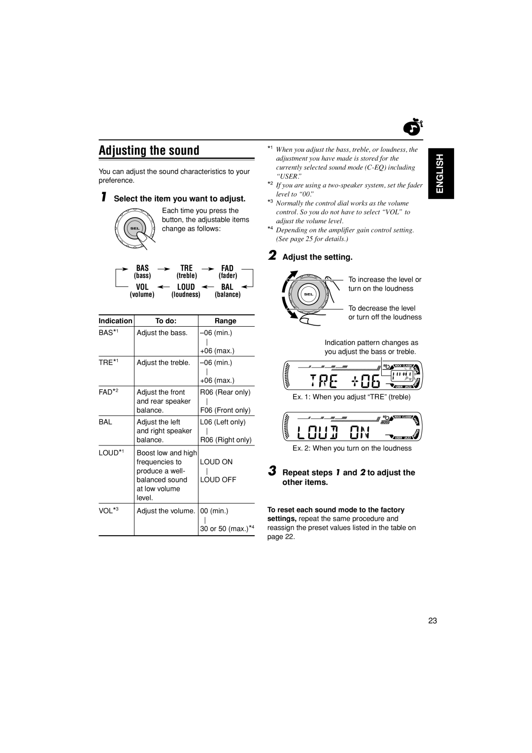 JVC KD-G201, KD-G202 manual Adjusting the sound, Select the item you want to adjust, Adjust the setting 