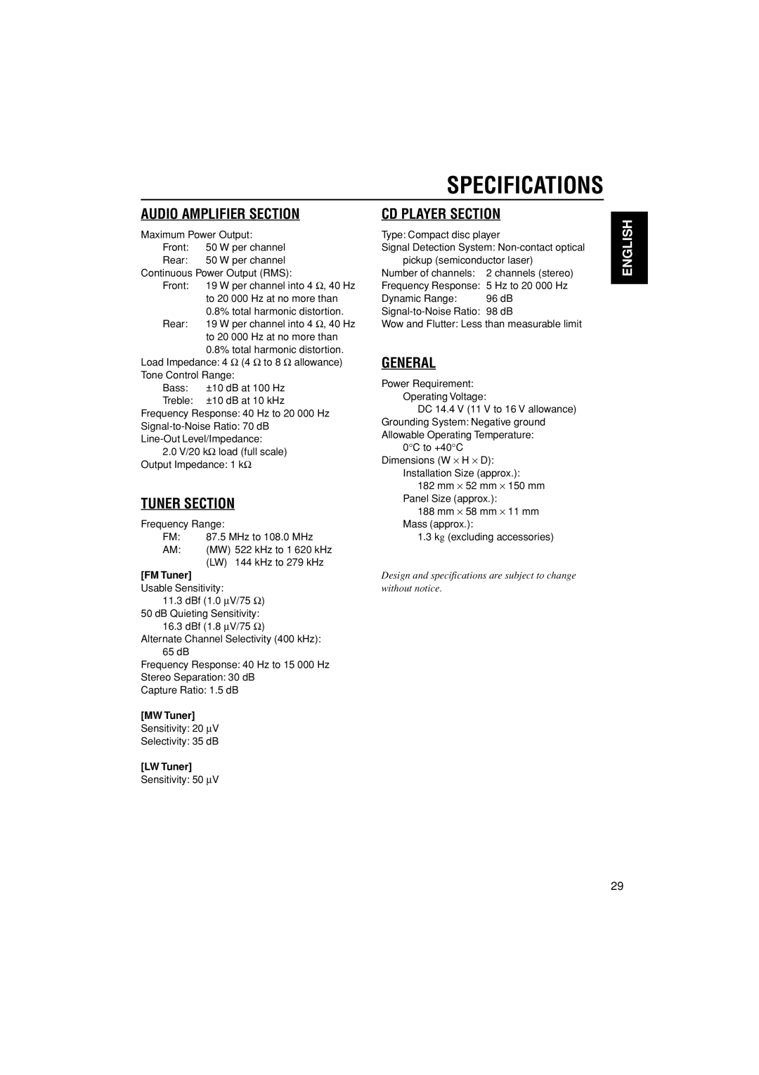 JVC KD-G201, KD-G202 manual Specifications, MW Tuner, LW Tuner 