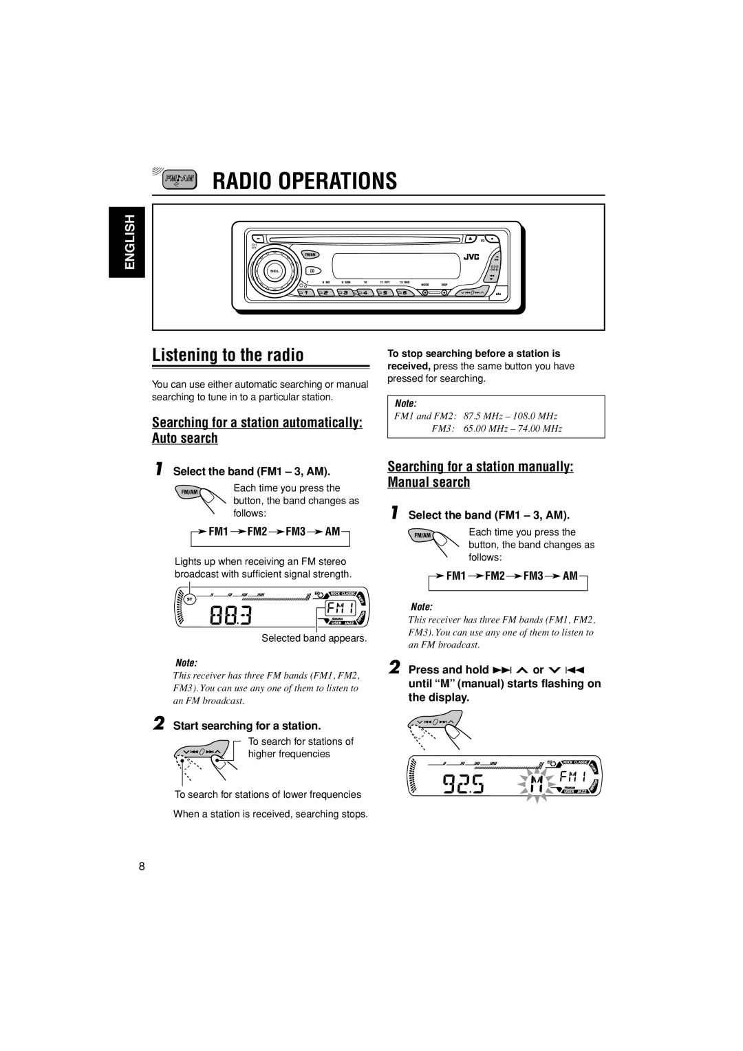 JVC KD-G202, KD-G201 manual FM1 and FM2 87.5 MHz 108.0 MHz FM3 65.00 MHz 74.00 MHz 