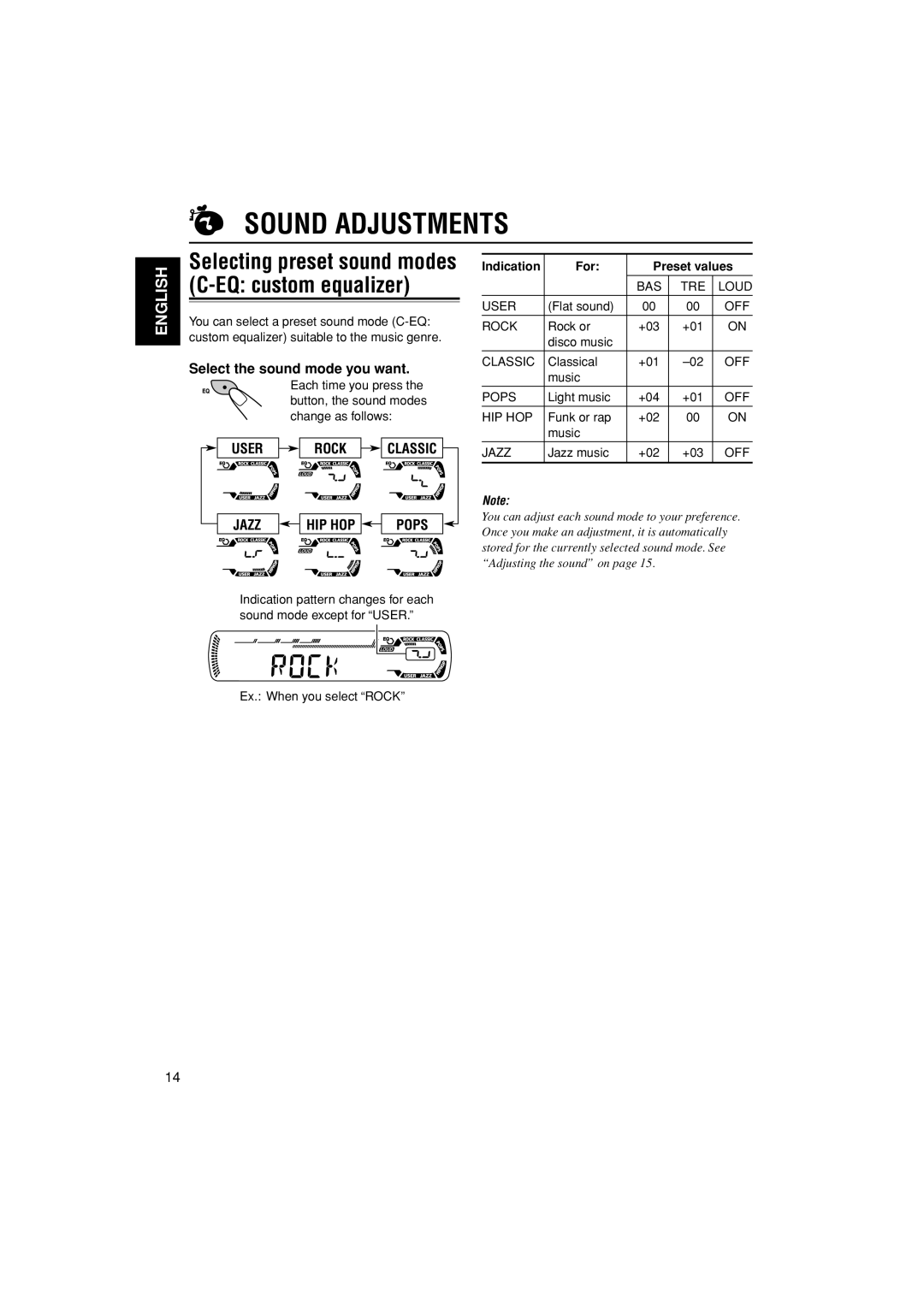 JVC KD-G202, KD-G201 manual Selecting preset sound modes C-EQ custom equalizer 