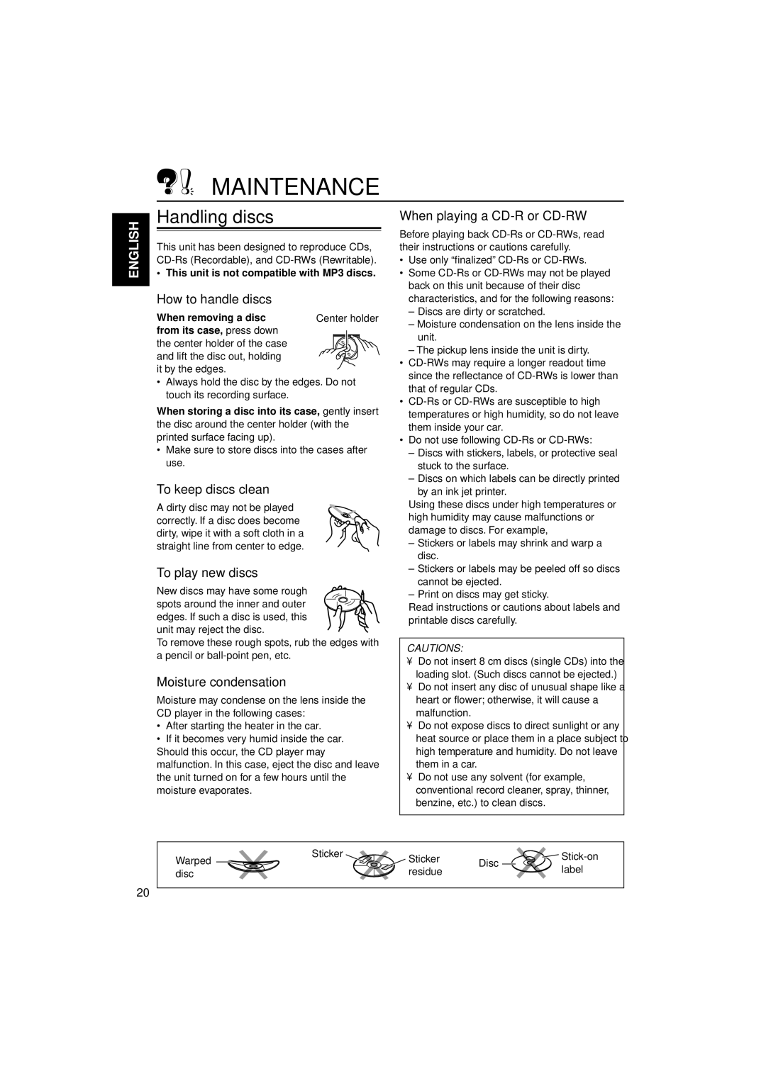 JVC KD-G202, KD-G201 manual Sticker Disc Stick-on Warped Label Residue 