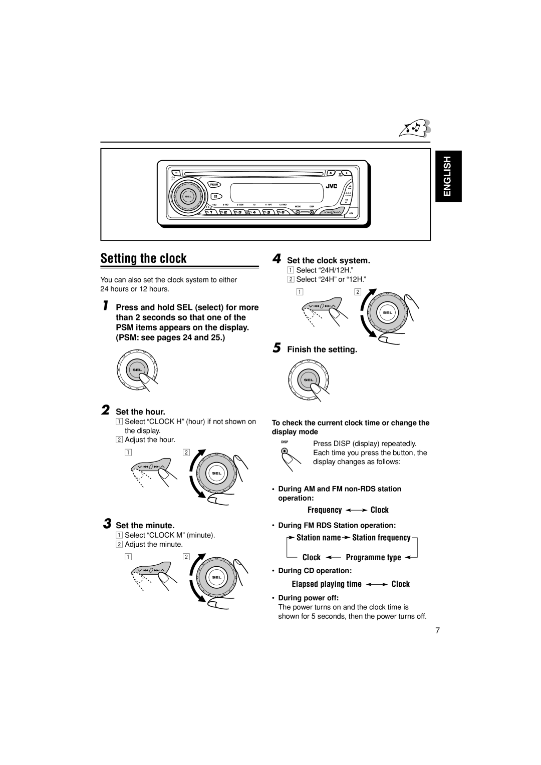 JVC KD-G201, KD-G202 manual Setting the clock 