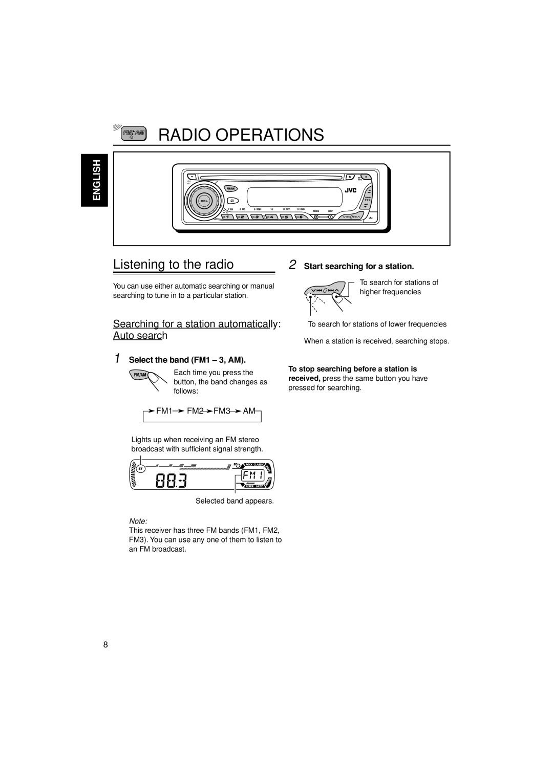 JVC KD-G202, KD-G201 manual Radio Operations, Listening to the radio, Searching for a station automatically Auto search 