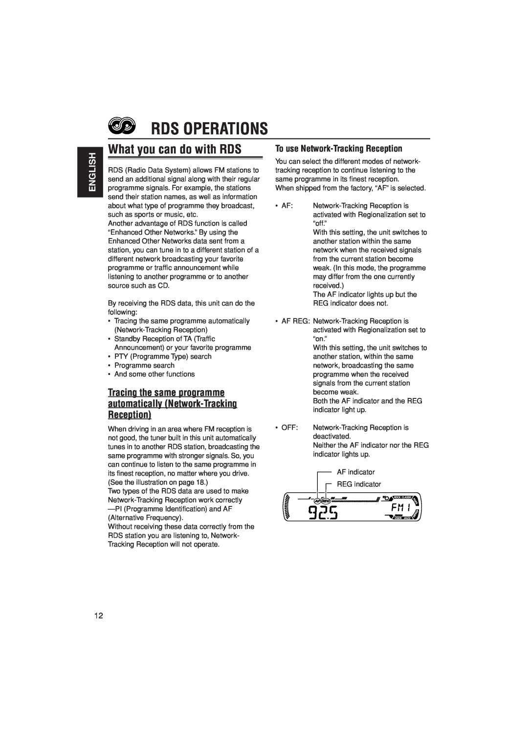 JVC KD-G202, KD-G201 manual Rds Operations, What you can do with RDS, To use Network-TrackingReception, English 
