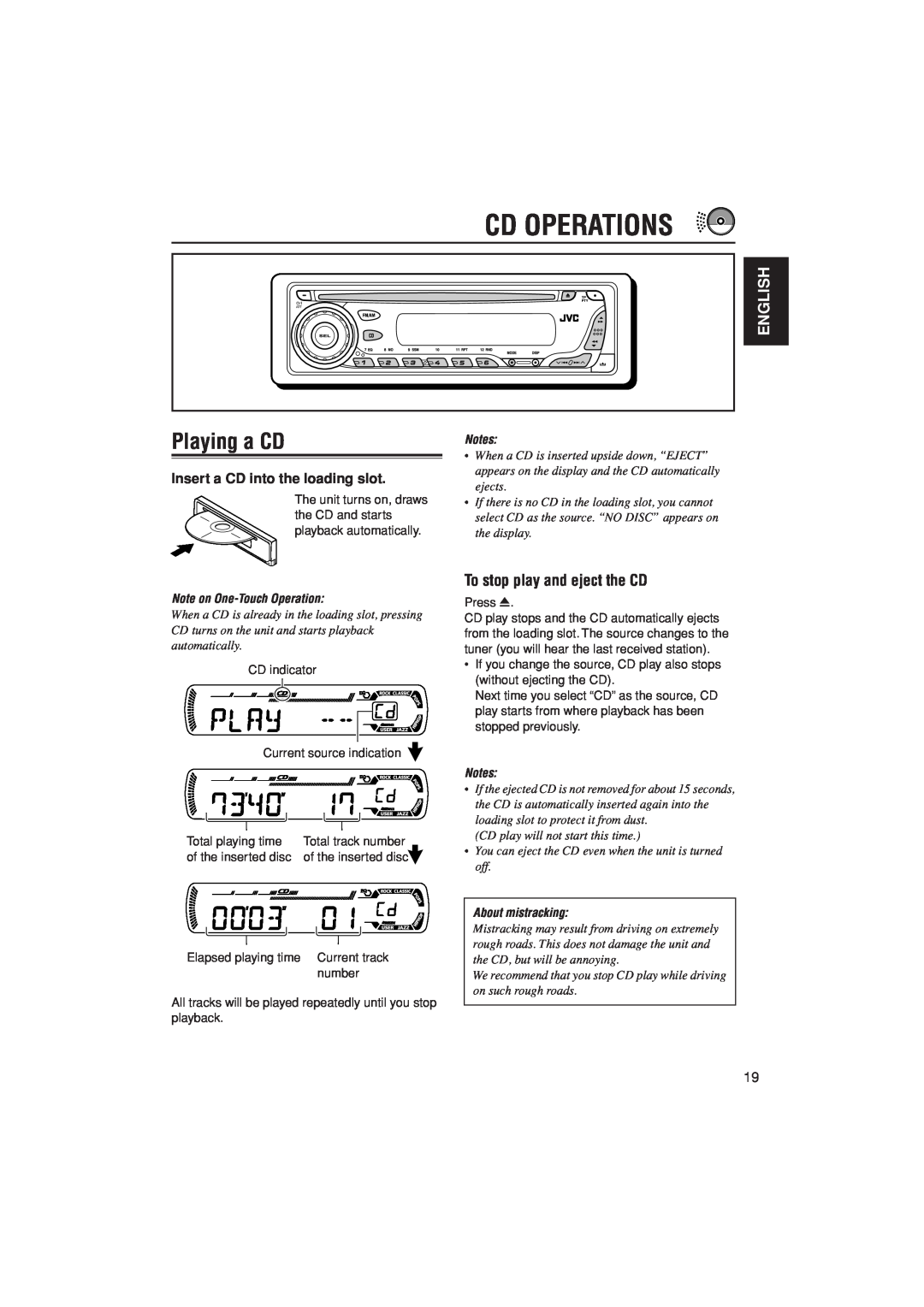 JVC KD-G201 manual Cd Operations, Playing a CD, To stop play and eject the CD, English, Insert a CD into the loading slot 