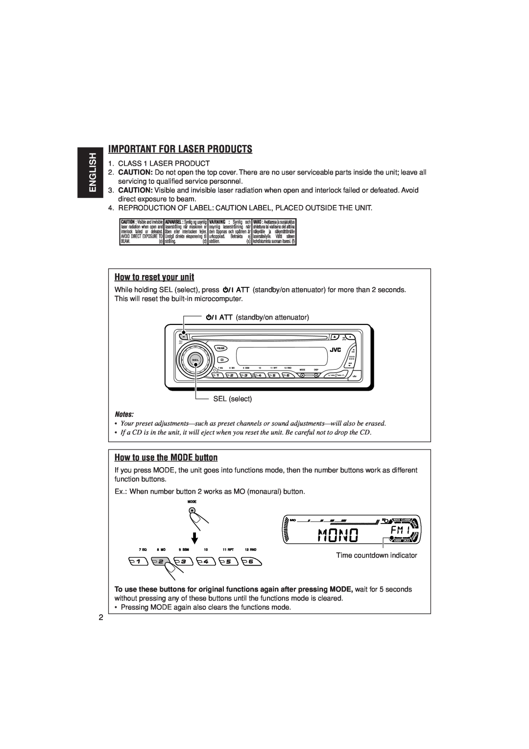 JVC KD-G202, KD-G201 manual Important For Laser Products, English, How to reset your unit, How to use the MODE button 