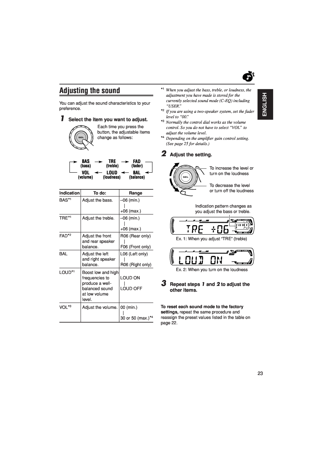 JVC KD-G201 Adjusting the sound, English, Select the item you want to adjust, Adjust the setting, bass, Indication, To do 